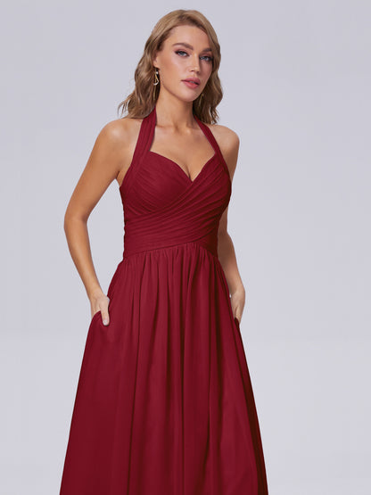Amaya Pretty Halter Chiffon Long Bridesmaid Dresses