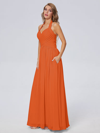 Amaya Pretty Halter Chiffon Long Bridesmaid Dresses