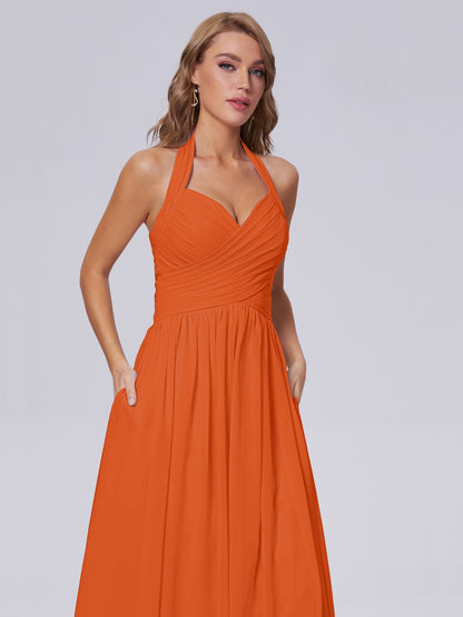 Amaya Pretty Halter Chiffon Long Bridesmaid Dresses