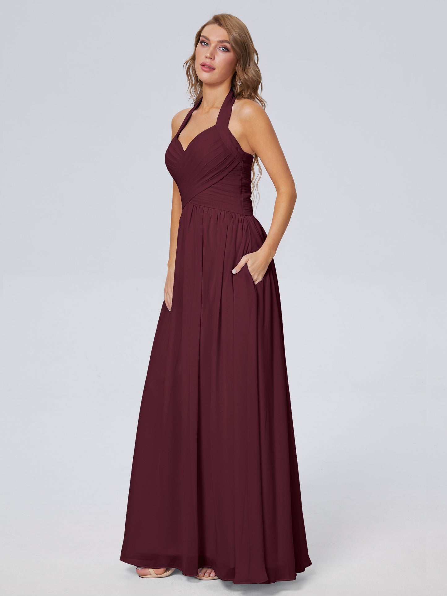 Amaya Pretty Halter Chiffon Long Bridesmaid Dresses