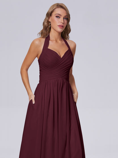 Amaya Pretty Halter Chiffon Long Bridesmaid Dresses