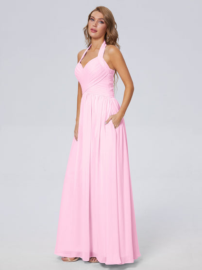 Amaya Pretty Halter Chiffon Long Bridesmaid Dresses