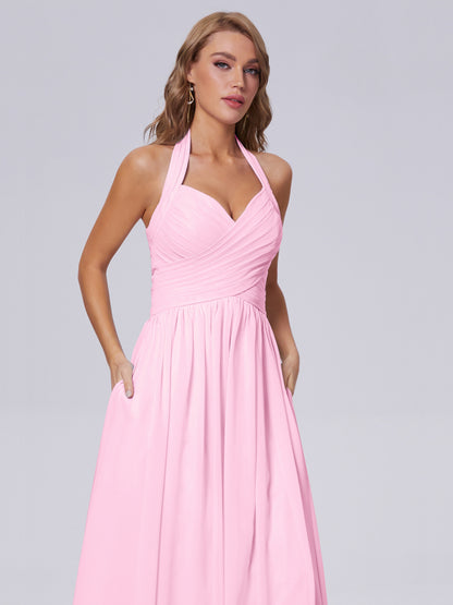 Amaya Pretty Halter Chiffon Long Bridesmaid Dresses