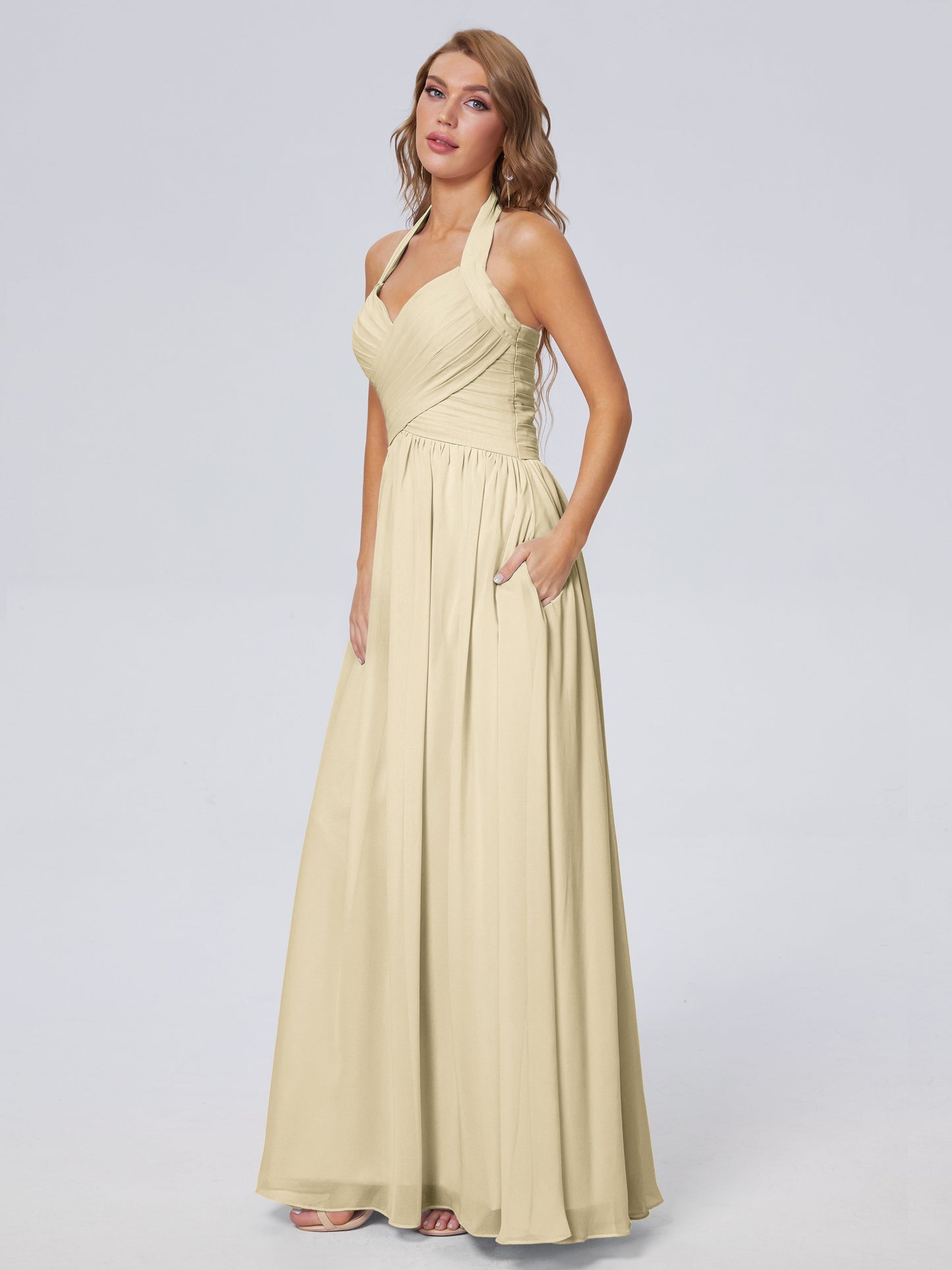 Amaya Pretty Halter Chiffon Long Bridesmaid Dresses