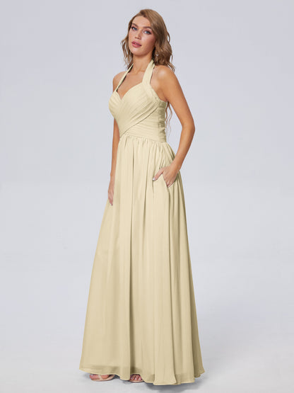 Amaya Pretty Halter Chiffon Long Bridesmaid Dresses