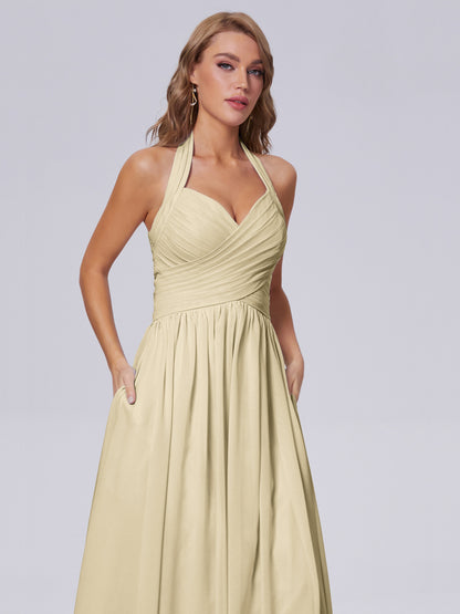 Amaya Pretty Halter Chiffon Long Bridesmaid Dresses