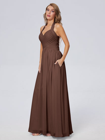 Amaya Pretty Halter Chiffon Long Bridesmaid Dresses