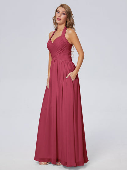 Amaya Pretty Halter Chiffon Long Bridesmaid Dresses