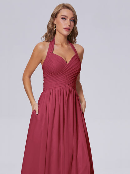 Amaya Pretty Halter Chiffon Long Bridesmaid Dresses