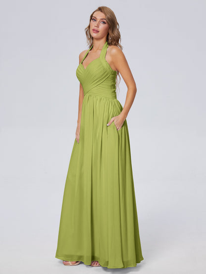 Amaya Pretty Halter Chiffon Long Bridesmaid Dresses