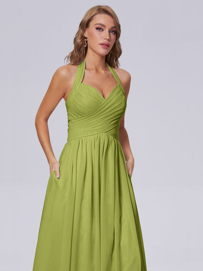 Amaya Pretty Halter Chiffon Long Bridesmaid Dresses