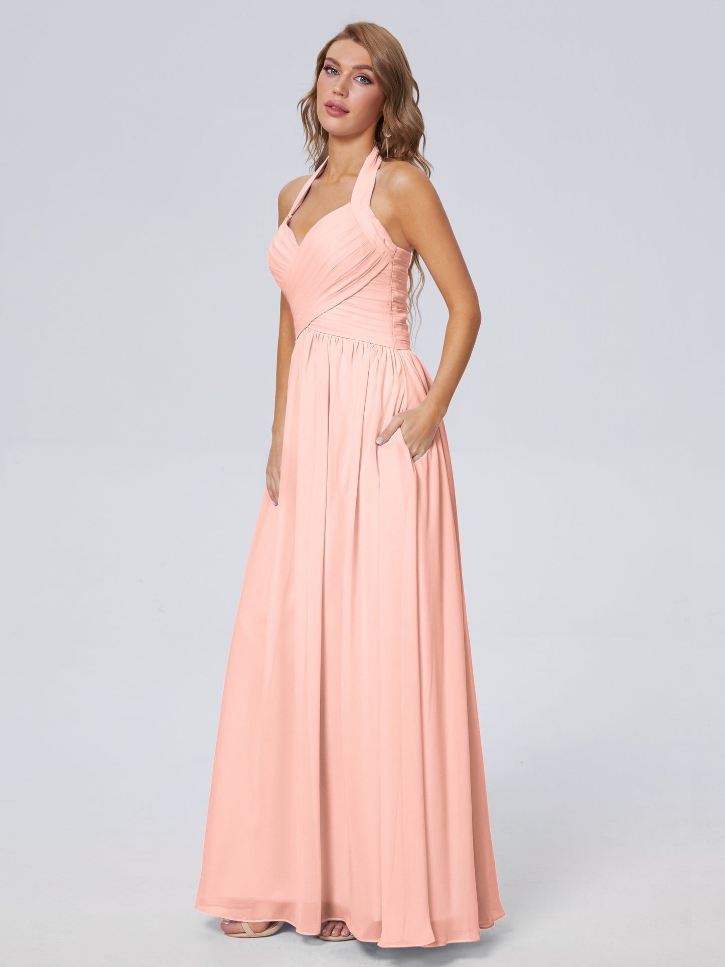 Amaya Pretty Halter Chiffon Long Bridesmaid Dresses