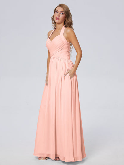 Amaya Pretty Halter Chiffon Long Bridesmaid Dresses