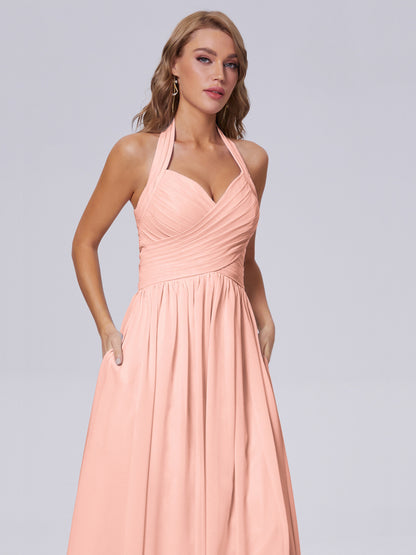 Amaya Pretty Halter Chiffon Long Bridesmaid Dresses