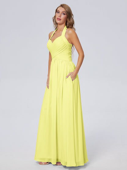 Amaya Pretty Halter Chiffon Long Bridesmaid Dresses