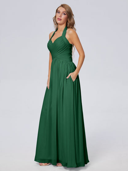 Amaya Pretty Halter Chiffon Long Bridesmaid Dresses