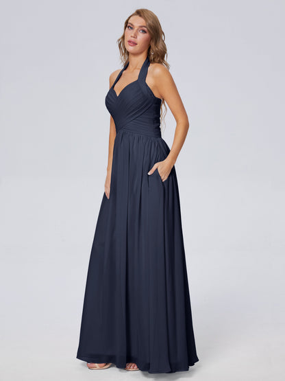 Amaya Pretty Halter Chiffon Long Bridesmaid Dresses