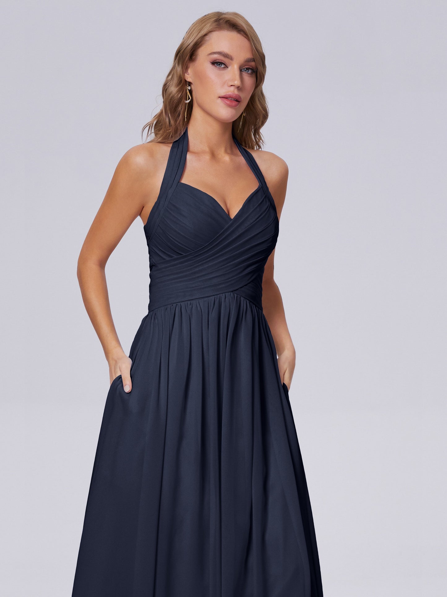 Amaya Pretty Halter Chiffon Long Bridesmaid Dresses
