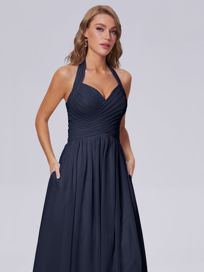 Amaya Pretty Halter Chiffon Long Bridesmaid Dresses