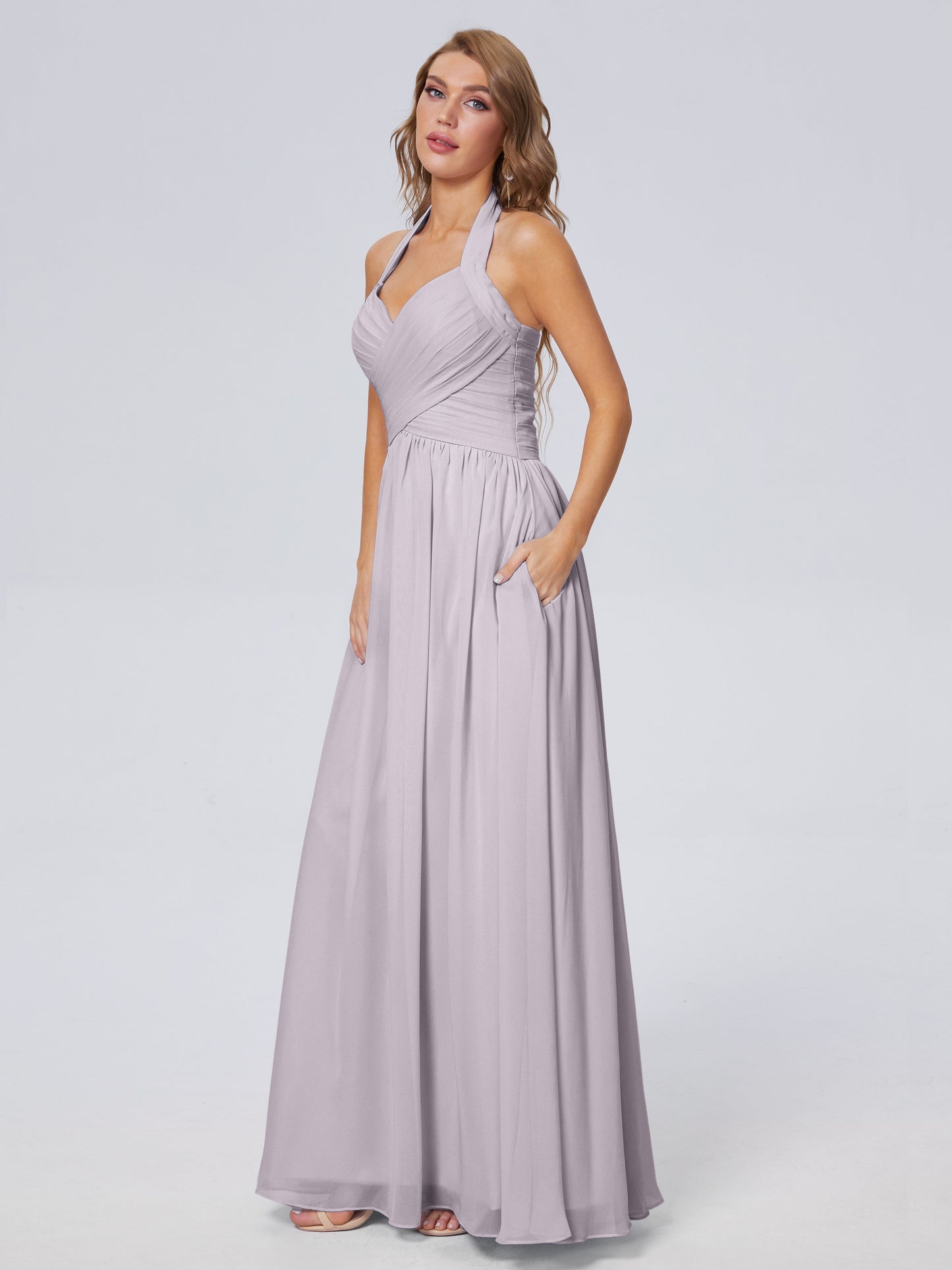 Amaya Pretty Halter Chiffon Long Bridesmaid Dresses