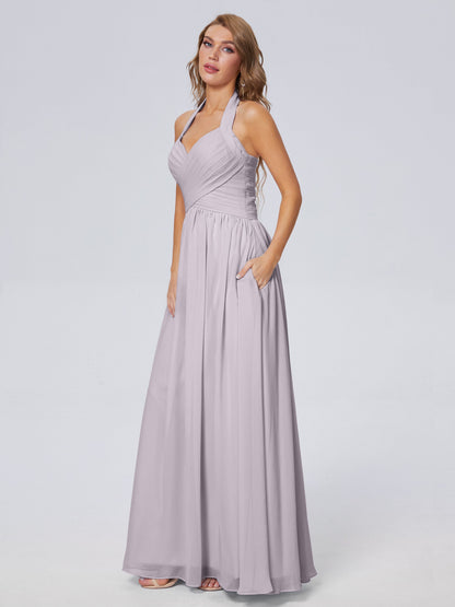 Amaya Pretty Halter Chiffon Long Bridesmaid Dresses