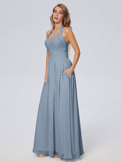 Amaya Pretty Halter Chiffon Long Bridesmaid Dresses