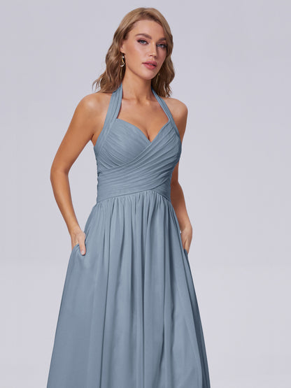 Amaya Pretty Halter Chiffon Long Bridesmaid Dresses