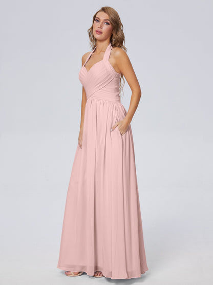 Amaya Pretty Halter Chiffon Long Bridesmaid Dresses