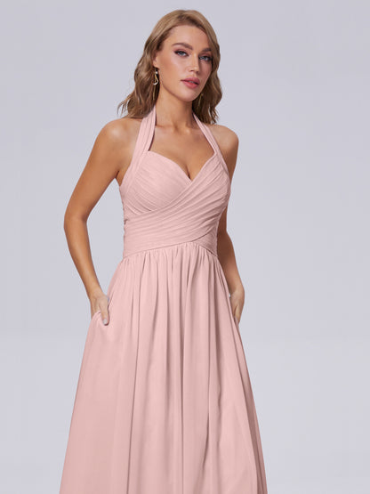 Amaya Pretty Halter Chiffon Long Bridesmaid Dresses
