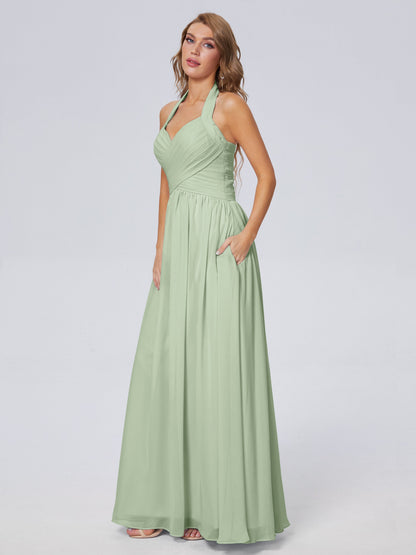 Amaya Pretty Halter Chiffon Long Bridesmaid Dresses