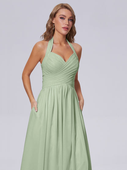 Amaya Pretty Halter Chiffon Long Bridesmaid Dresses