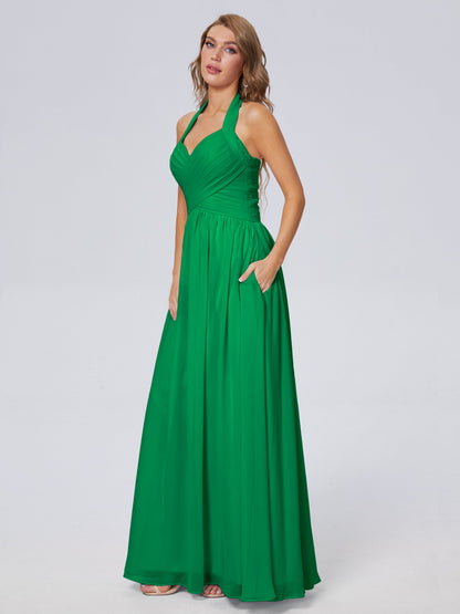 Amaya Pretty Halter Chiffon Long Bridesmaid Dresses