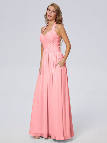 Amaya Pretty Halter Chiffon Long Bridesmaid Dresses