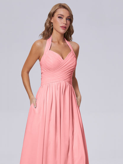 Amaya Pretty Halter Chiffon Long Bridesmaid Dresses