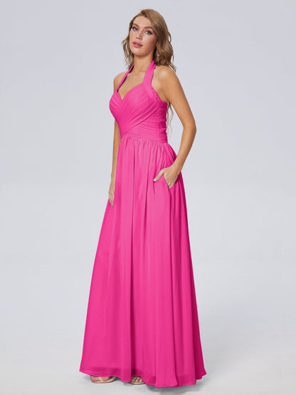 Amaya Pretty Halter Chiffon Long Bridesmaid Dresses