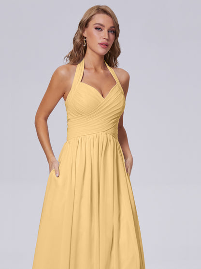 Amaya Pretty Halter Chiffon Long Bridesmaid Dresses