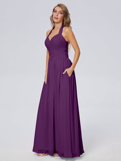 Amaya Pretty Halter Chiffon Long Bridesmaid Dresses