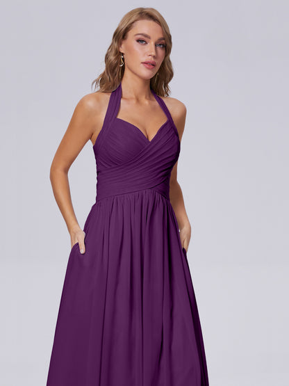 Amaya Pretty Halter Chiffon Long Bridesmaid Dresses