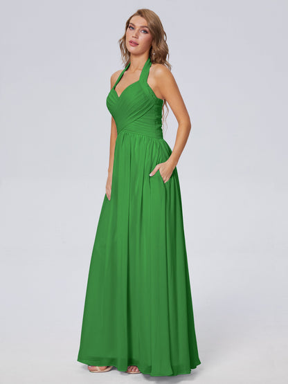 Amaya Pretty Halter Chiffon Long Bridesmaid Dresses