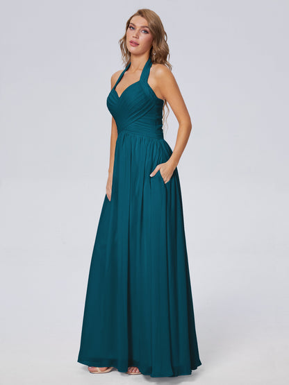 Amaya Pretty Halter Chiffon Long Bridesmaid Dresses