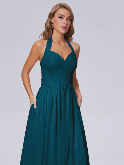 Amaya Pretty Halter Chiffon Long Bridesmaid Dresses