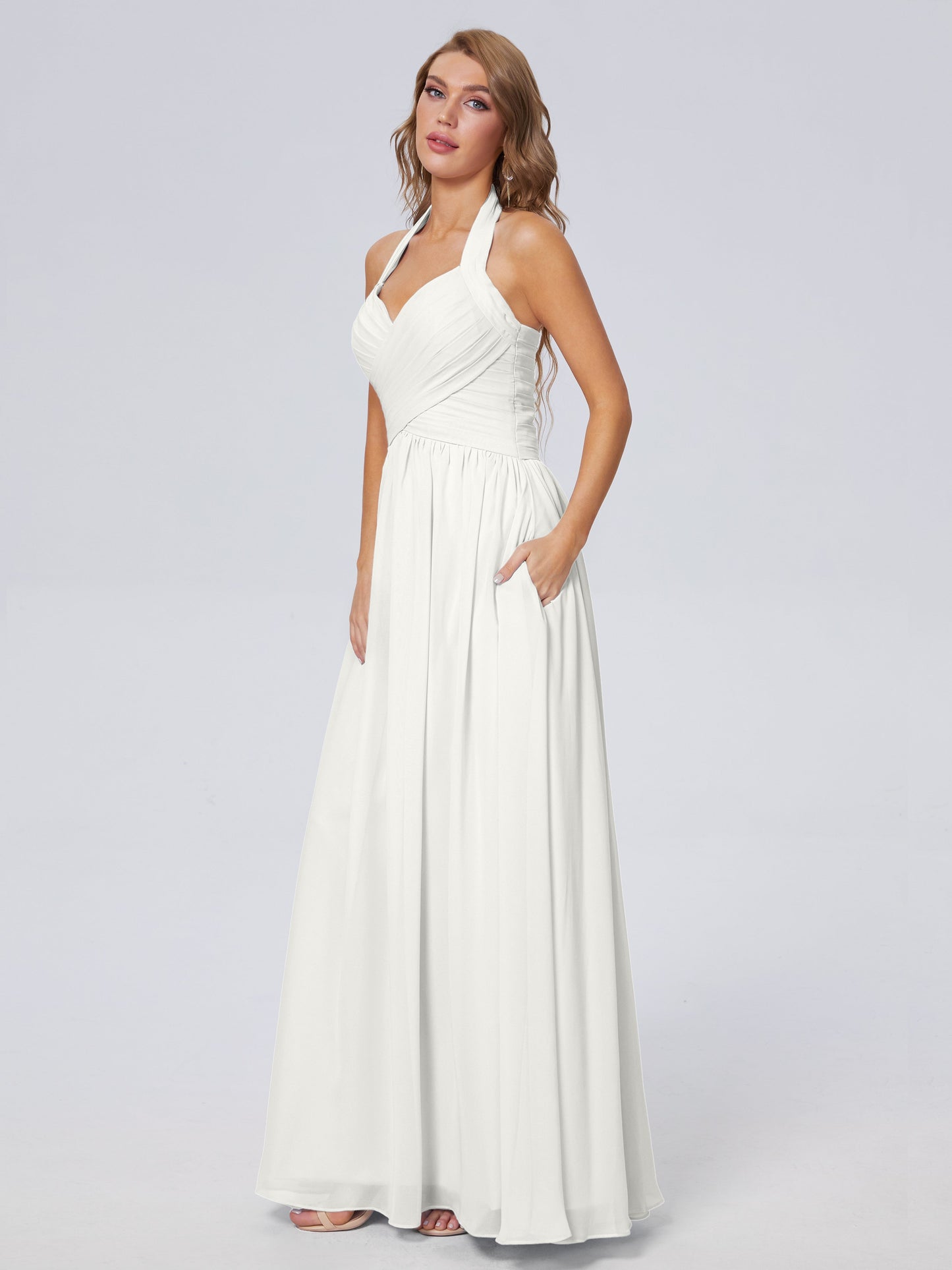 Amaya Pretty Halter Chiffon Long Bridesmaid Dresses