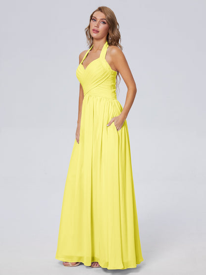 Amaya Pretty Halter Chiffon Long Bridesmaid Dresses
