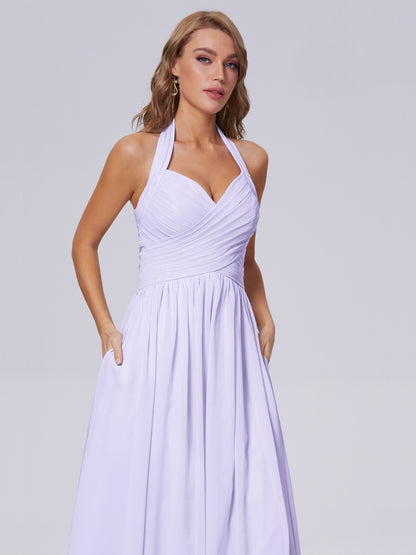 Amaya Pretty Halter Chiffon Long Bridesmaid Dresses