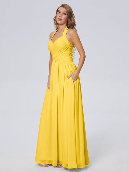 Amaya Pretty Halter Chiffon Long Bridesmaid Dresses