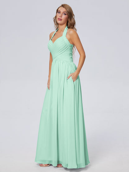 Amaya Pretty Halter Chiffon Long Bridesmaid Dresses