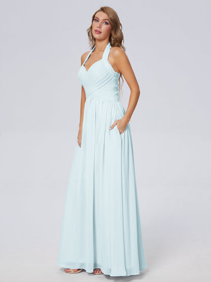 Amaya Pretty Halter Chiffon Long Bridesmaid Dresses