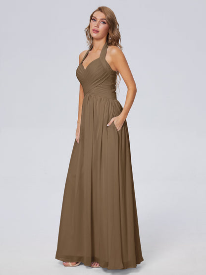 Amaya Pretty Halter Chiffon Long Bridesmaid Dresses