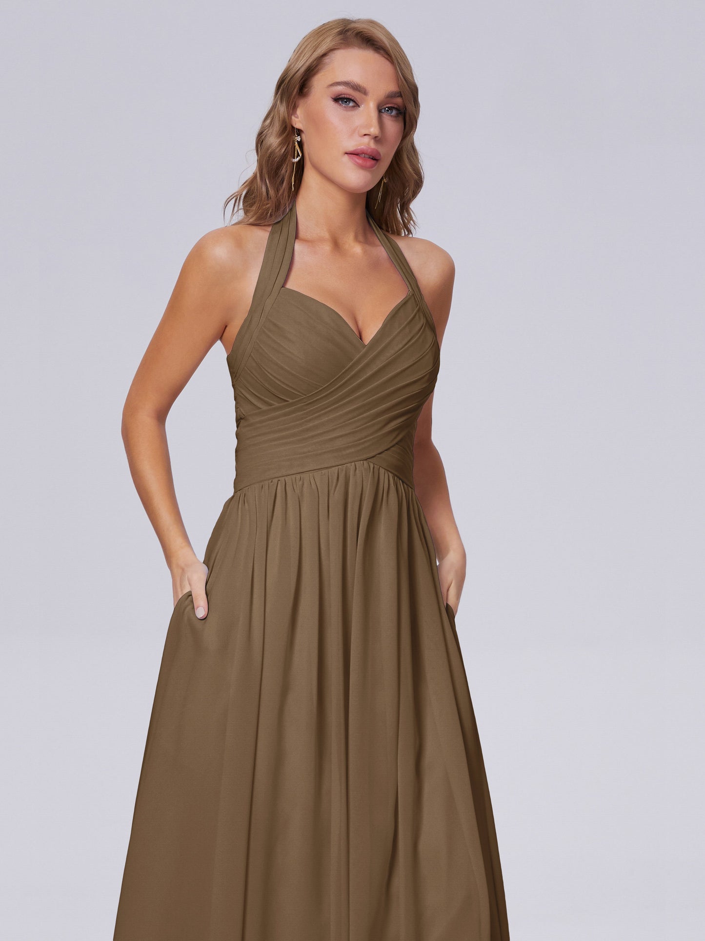 Amaya Pretty Halter Chiffon Long Bridesmaid Dresses