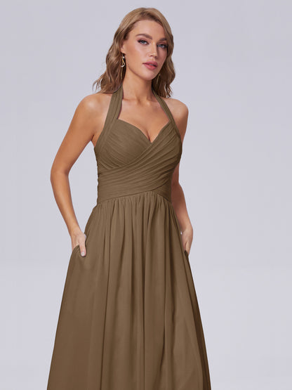 Amaya Pretty Halter Chiffon Long Bridesmaid Dresses